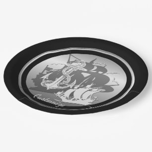 Assiettes En Carton Bateau pirate & Ancres Plaques en silhouette blanc