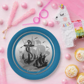 Assiettes En Carton Bateau pirate et Ancres Plaques en silhouette noir (Fête)