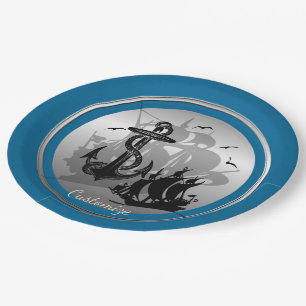 Assiettes En Carton Bateau pirate et Ancres Plaques en silhouette noir