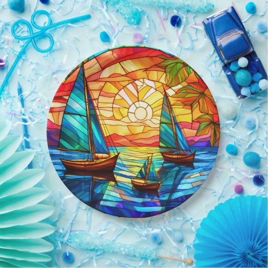 Assiettes En Carton Bateaux à voile au coucher du soleil (Fête)