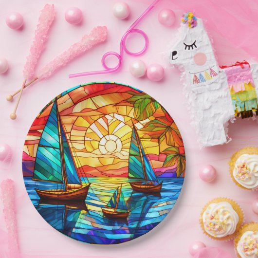 Assiettes En Carton Bateaux à voile au coucher du soleil (Fête)