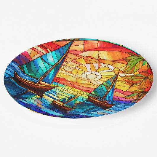 Assiettes En Carton Bateaux à voile au coucher du soleil (Angle)