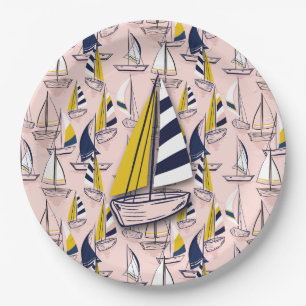 Assiettes En Carton Bateaux à voile bleu marine
