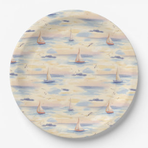 Assiettes En Carton Bateaux à voile de rêve Motif aquarelle océan (4)