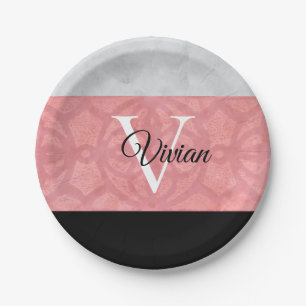 Assiettes En Carton Batik Rose Ruddy Et Aquarelle Gris Monogramme