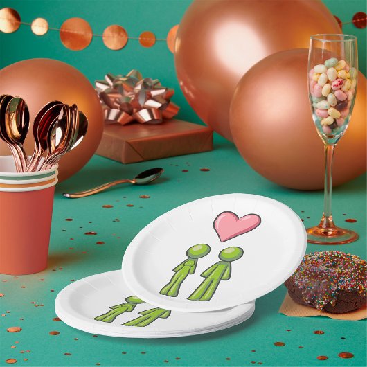 Assiettes En Carton Bâton vert Figure Couple Rose Coeur amour