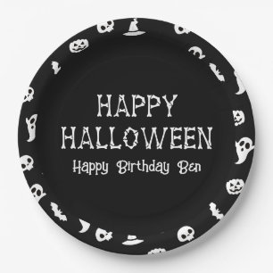 Assiettes En Carton Bats d'Halloween blancs noirs et fête d'Halloween