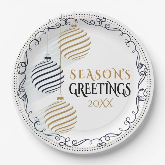 Assiettes En Carton Baubles de vacances minimaux Noir et Or (Devant)