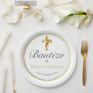 Assiettes En Carton Bautizo Bebé Niño Cruz de Oro y Blanco Elegante