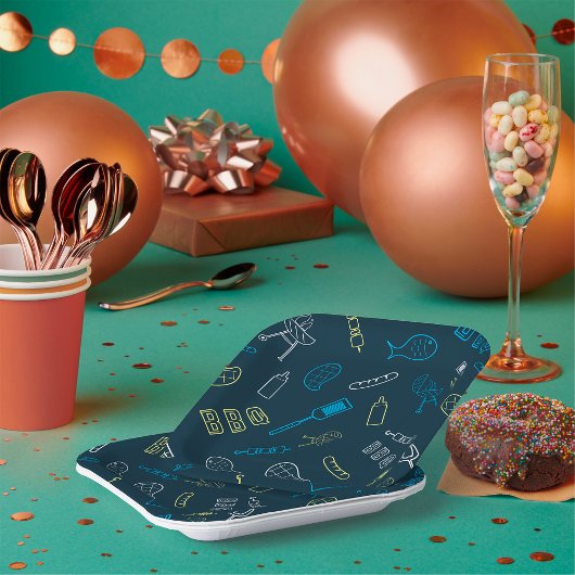 Assiettes En Carton BBQ Icônes Motif Grillades Outils Viande