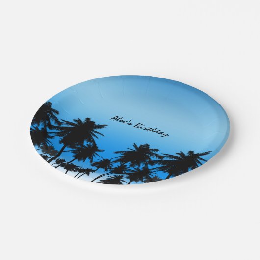Assiettes En Carton Beach Palm Trees Noir & Bleu Anniversaire (Angle)