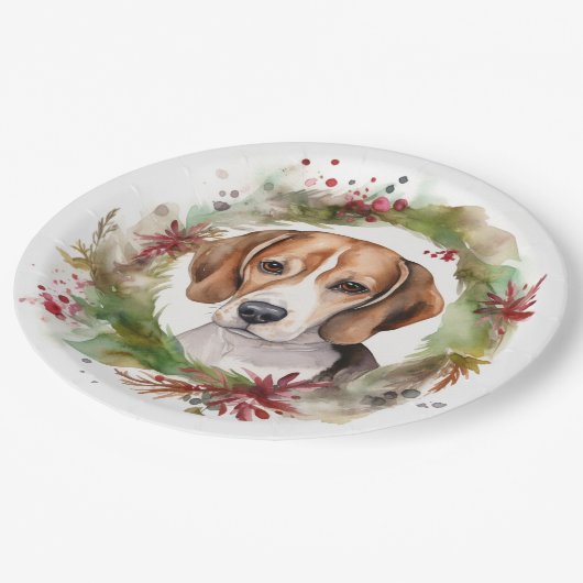 Assiettes En Carton Beagle Noël Wreath Festive Pup (Angle)
