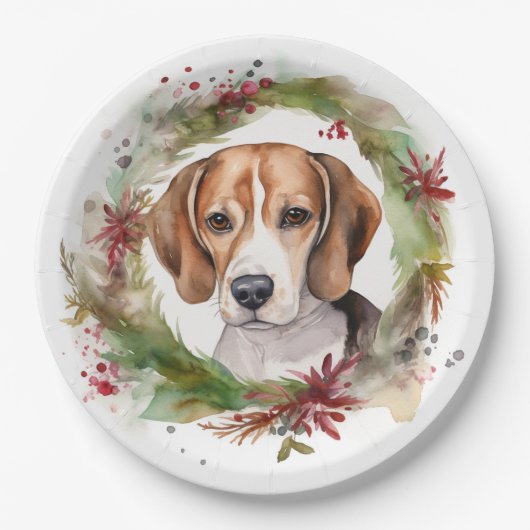 Assiettes En Carton Beagle Noël Wreath Festive Pup (Devant)