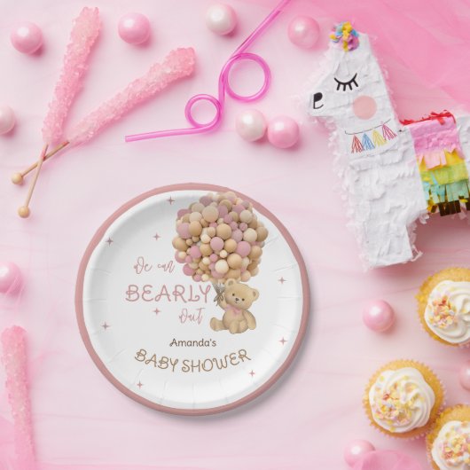 Assiettes En Carton Bear Balloons Bearly Wait Rose Baby Girl Douche (Fête)