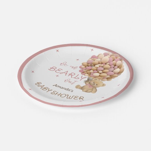 Assiettes En Carton Bear Balloons Bearly Wait Rose Baby Girl Douche (Angle)