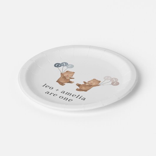Assiettes En Carton Bear Boy Girl Twins - Joint 1er Anniversaire (Angle)
