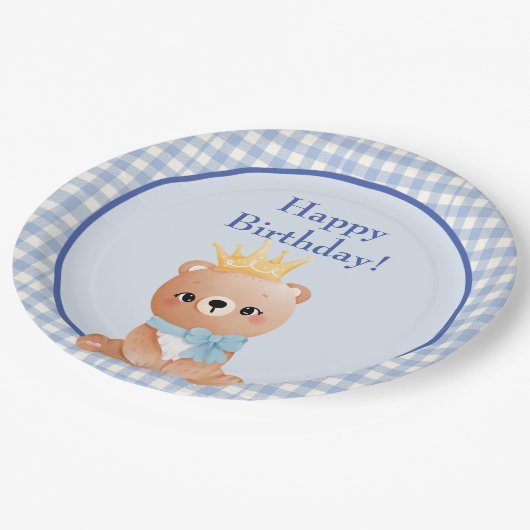 Assiettes En Carton Bear Cub Blue Checker Joyeux anniversaire (Angle)