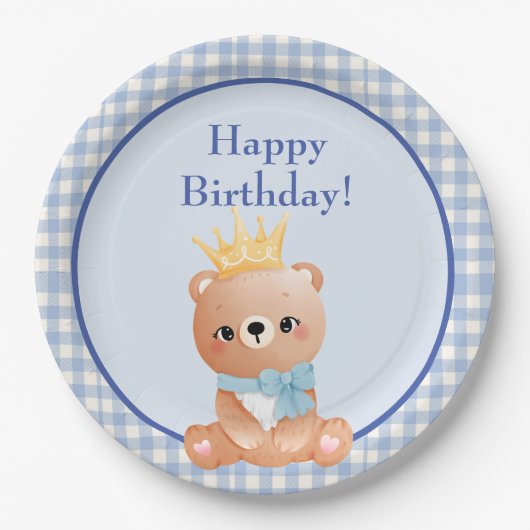Assiettes En Carton Bear Cub Blue Checker Joyeux anniversaire (Devant)