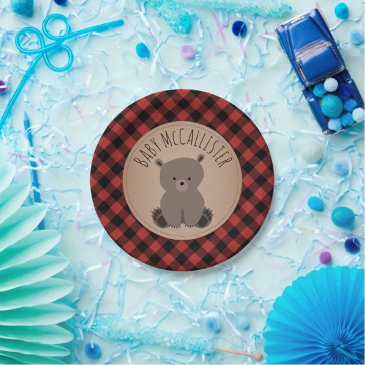 Assiettes En Carton Bear Cub Lumberjack Plaid Baby shower (Fête)