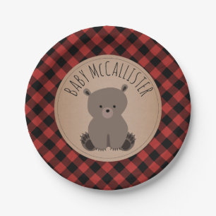 Assiettes En Carton Bear Cub Lumberjack Plaid Baby shower