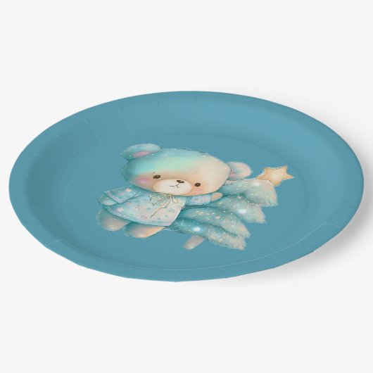 Assiettes En Carton Bear mignonne et sapin de Noël Turquoise (Angle)