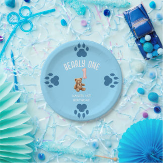 Assiettes En Carton Bearly One | Ours en peluche marron pour un premie