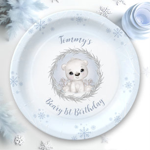 Assiettes En Carton Beary d'hiver 1er anniversaire mignon Ours bleu po