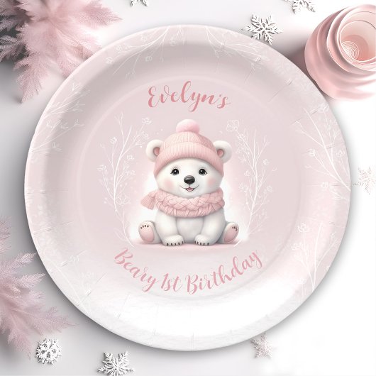 Assiettes En Carton Beary d'hiver 1er anniversaire mignon Ours rose