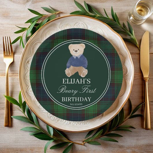 Assiettes En Carton Béary première peluche ours vert plaid fête d'anni