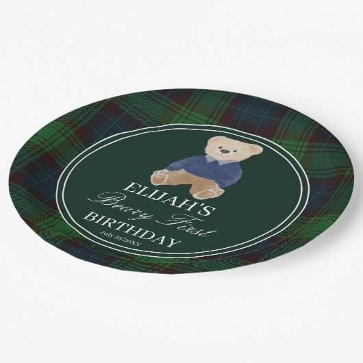 Assiettes En Carton Béary première peluche ours vert plaid fête d'anni (Angle)
