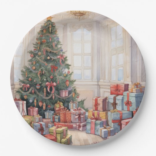Assiettes En Carton Beau arbre de Noël Abstrait piles de cadeaux (Devant)