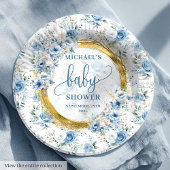 Assiettes En Carton Beau bleu poussiéreux fleurs or personnalisé bébé