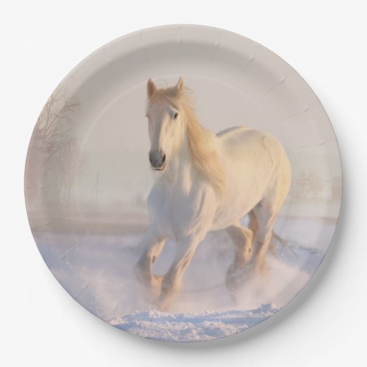 Assiettes En Carton Beau Cheval Blanc Courir dans la neige (Devant)