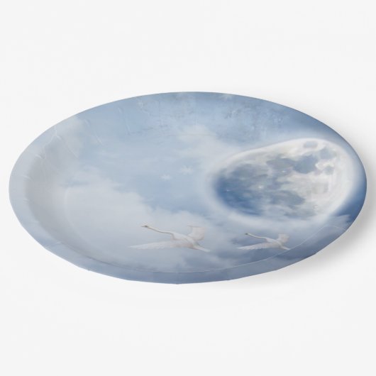 Assiettes En Carton Beau ciel bleu avec cygnes volants (Angle)