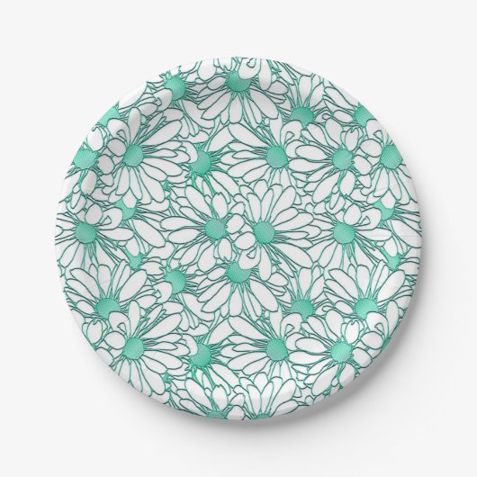 Assiettes En Carton Beau design floral Turquoise et blanc (Devant)