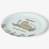 Assiettes En Carton Beau Dinosaure Bleu Vert Garçon 1er Anniversaire (Angle)
