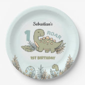 Assiettes En Carton Beau Dinosaure Bleu Vert Garçon 1er Anniversaire (Devant)