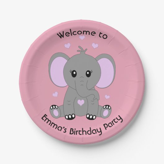 Assiettes En Carton Beau éléphant en rose pour les filles anniversaire (Devant)