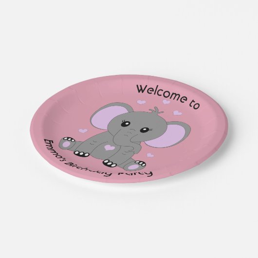 Assiettes En Carton Beau éléphant en rose pour les filles anniversaire (Angle)