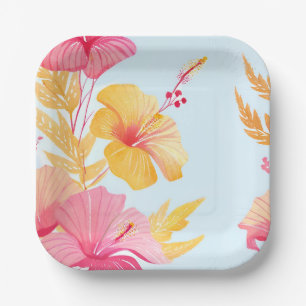 Assiettes En Carton Beau Hibiscus   Aquarelle de fleur tropicale
