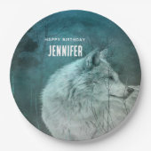 Assiettes En Carton Beau loup gris dans une forêt foncée Anniversaire (Devant)