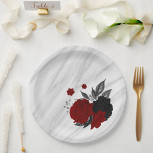 Assiettes En Carton Beau marbre noir & rouge fleurs