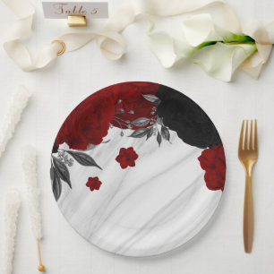 Assiettes En Carton Beau marbre noir & rouge fleurs