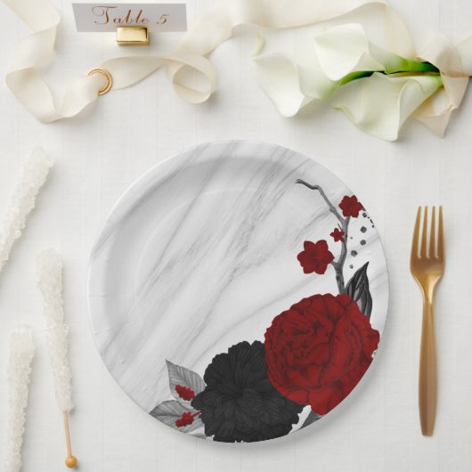 Assiettes En Carton Beau marbre noir & rouge fleurs (Mariage)