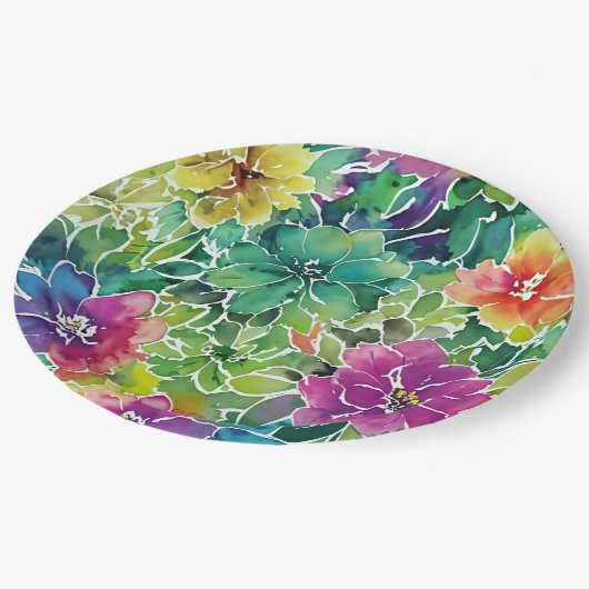 Assiettes En Carton Beau Motif de fleurs d'aquarelle (Angle)
