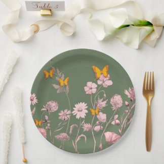 Assiettes En Carton Beau olive et rose floral et papillon