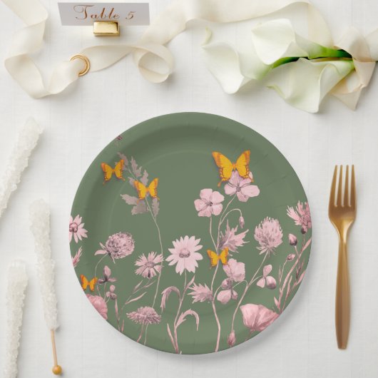 Assiettes En Carton Beau olive et rose floral et papillon (Mariage)