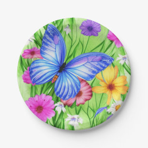 Assiettes En Carton Beau Papillon Bleu avec fleurs Aquarelle