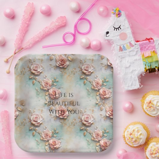 Assiettes En Carton Beau Romantique Rose rose rose Roses romantiques (Fête)