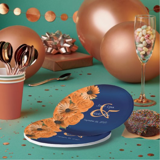 Assiettes En Carton Beau Rose orange et Mariage bleu marine (Multi)